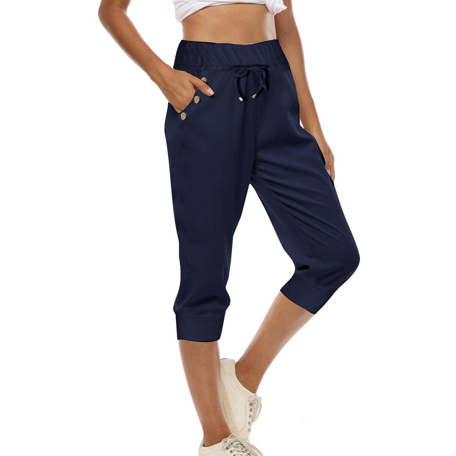 thumbnail image 2 of Pantalones de mujer de largo 3/4 con cintura elástica - Pantalones deportivos informales para yoga con bolsillos - Mezcla de algodón, tallas reales, S-XXXL, 2 of 5